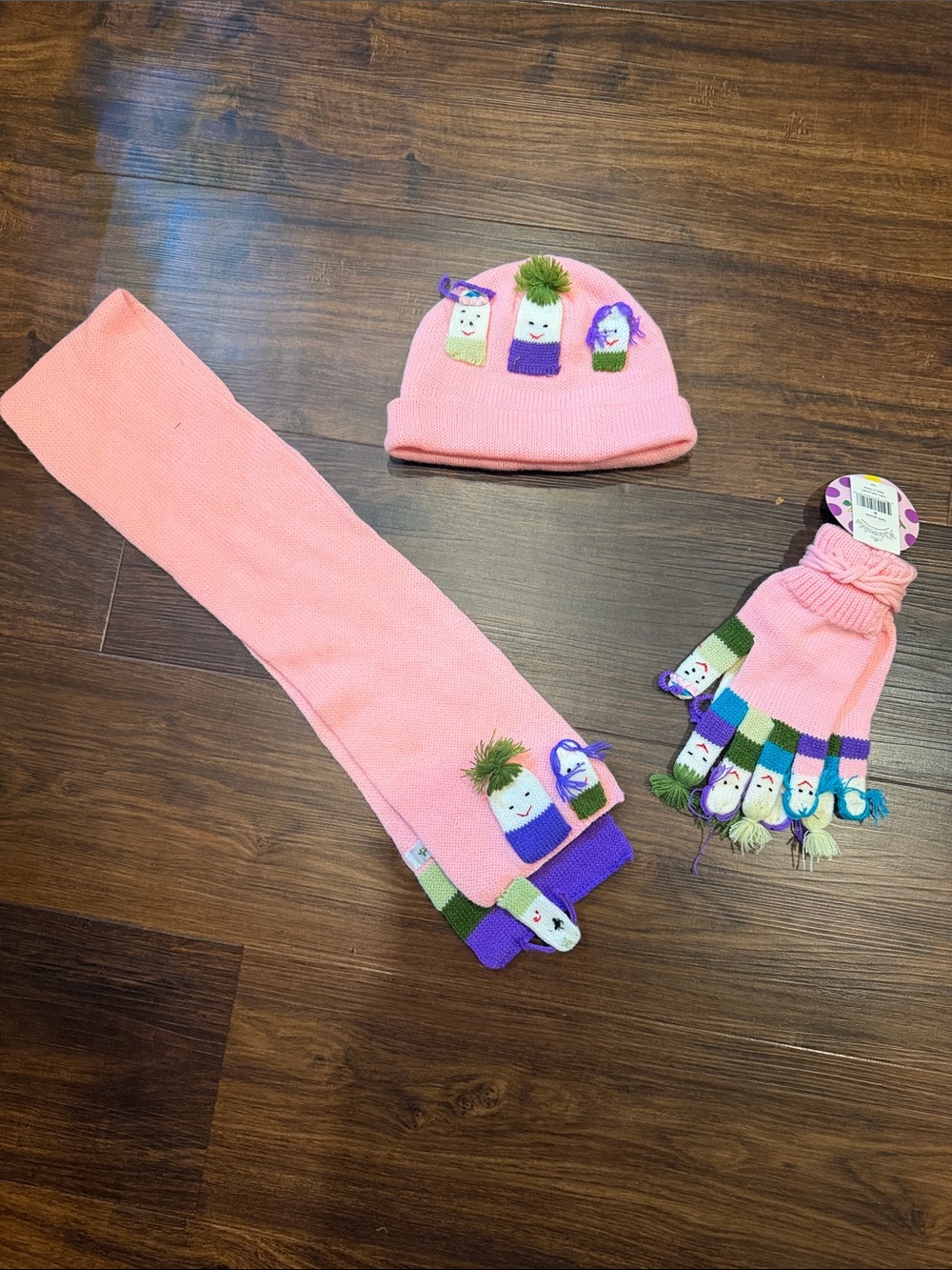 Kidorable Pink Knit Hat, Scarf & Glove Set with Character Poms